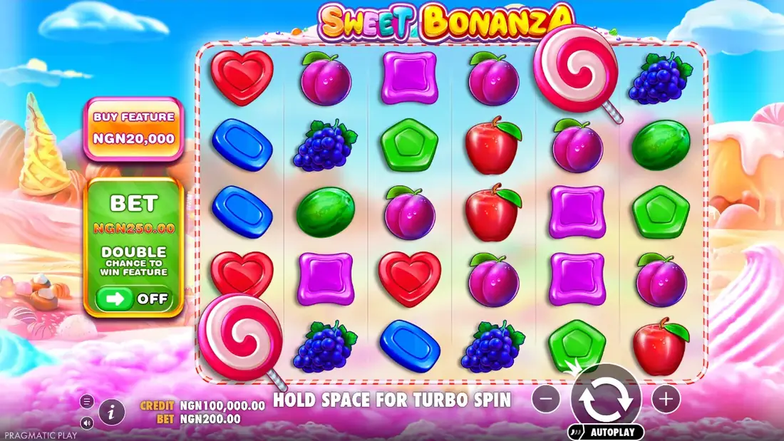 Sweet Bonanza base game grid in demo mode